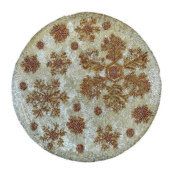 Nicole Miller 15in Beaded Christmas Placemat Holiday Snowflakes Gold & White New